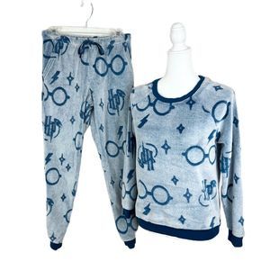 Harry Potter Pajama Set Women Small Blue White Fleece Emboss Sleepwear Lounge